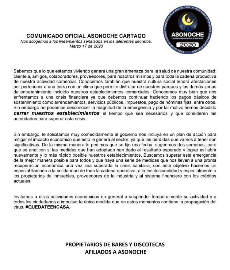 ASONOCHE Cartago, acata decisión de cerrar sus negocios y pide apoyo gubernamental
